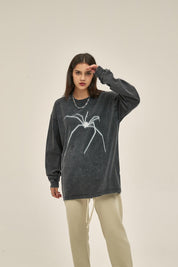 250G Washed Spider Print Women Long-Sleeved Sweatshirt