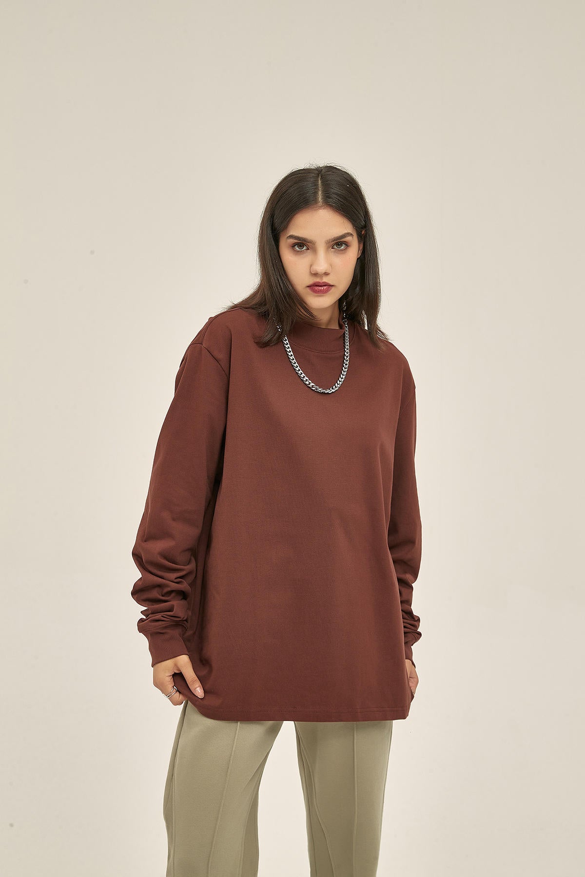 345G High Neckline Women Long Sleeve T-Shirt