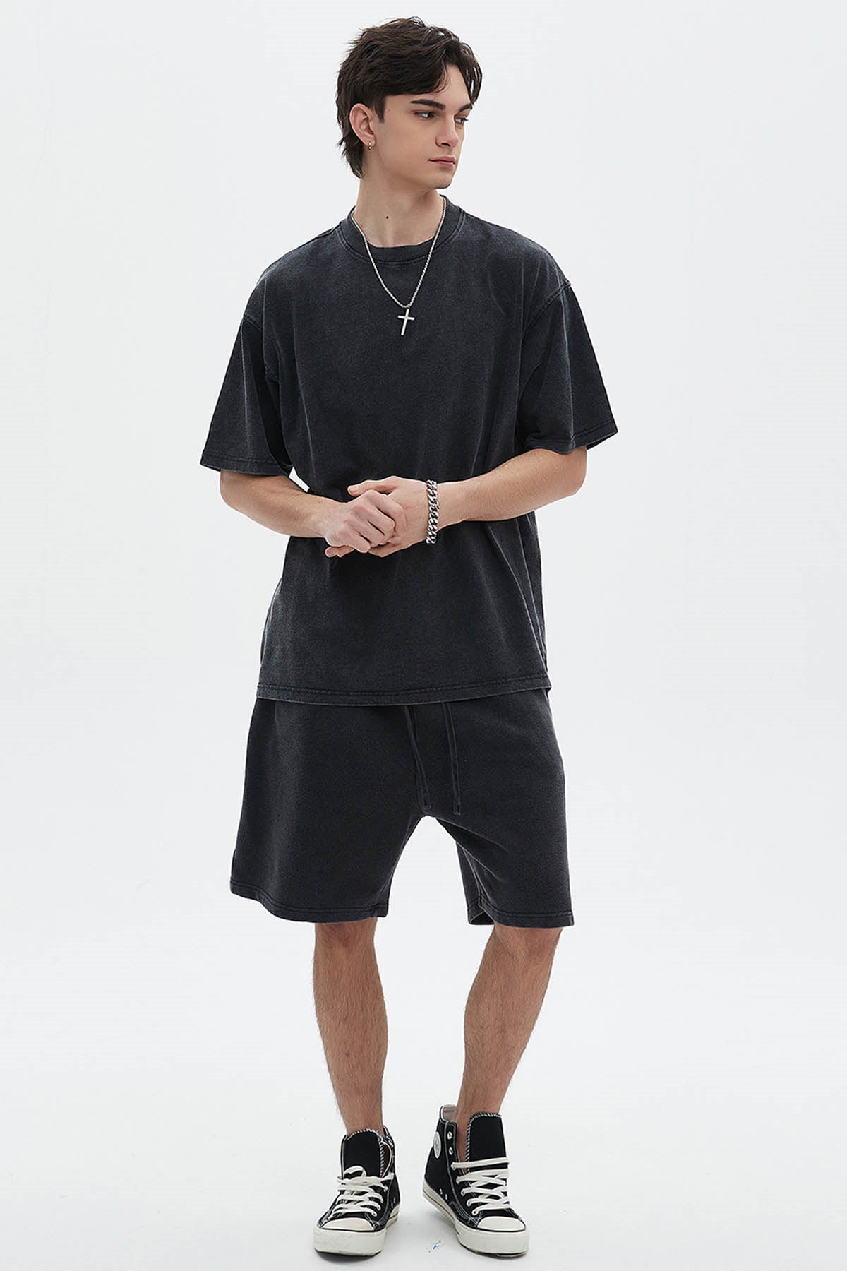 Washed Distressed  T-shirt And Shorts Set