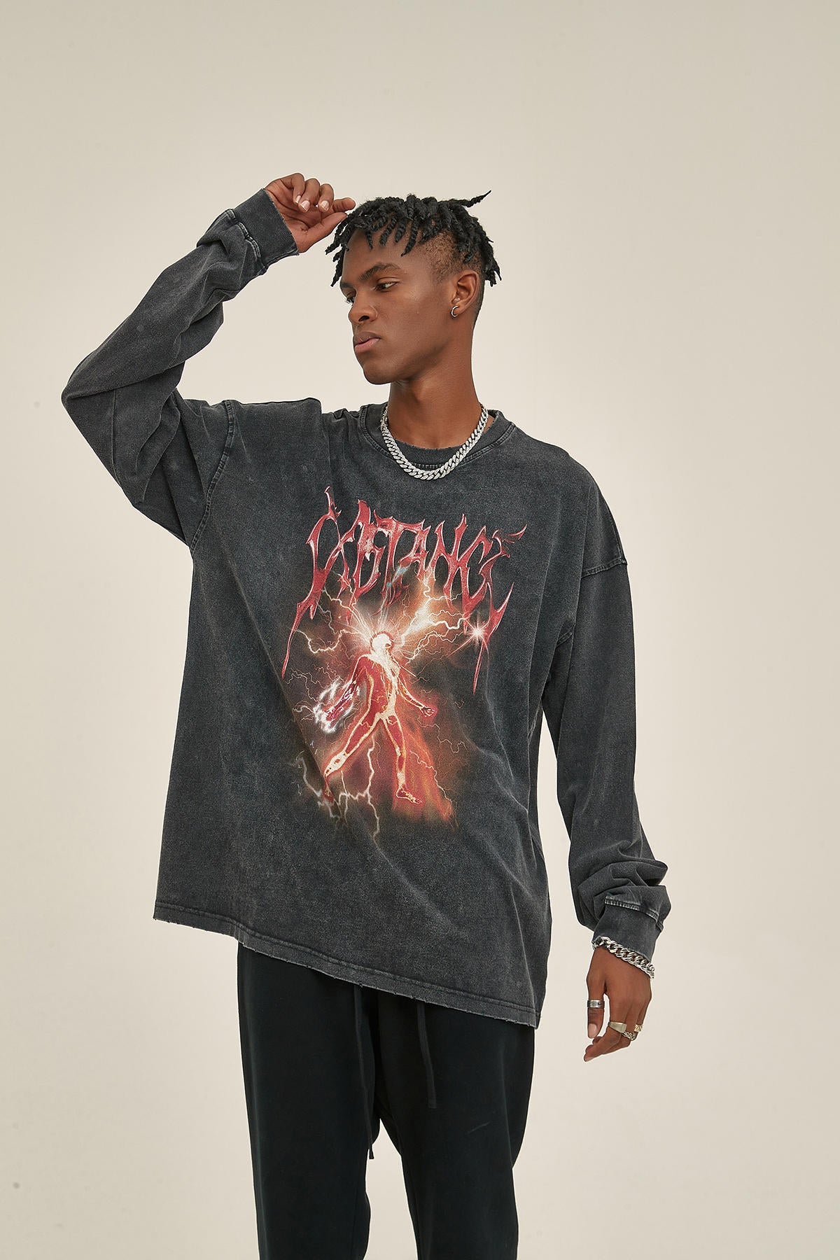 250G Washed Lightning Print Men Long Sleeve Sweatshirt