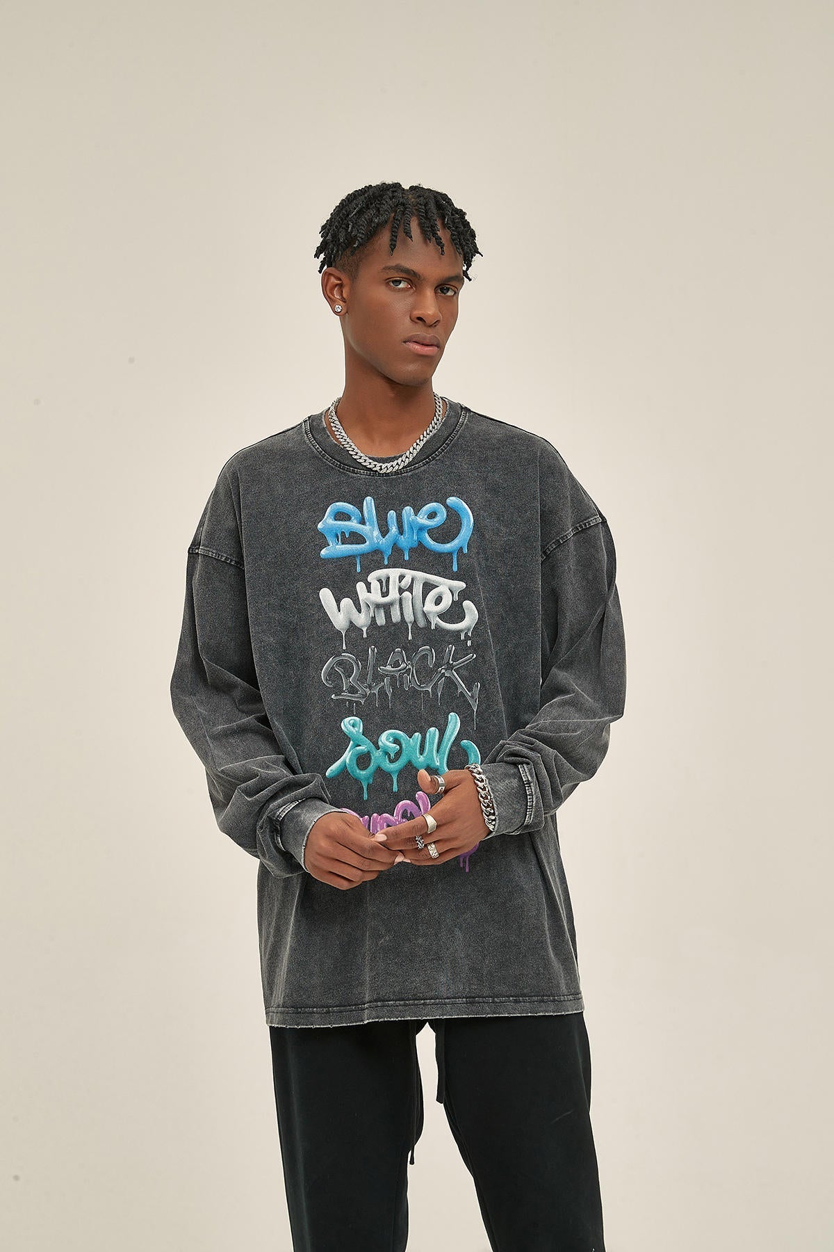 250G Washed Letter Print Men Long-Sleeved Sweatshirt