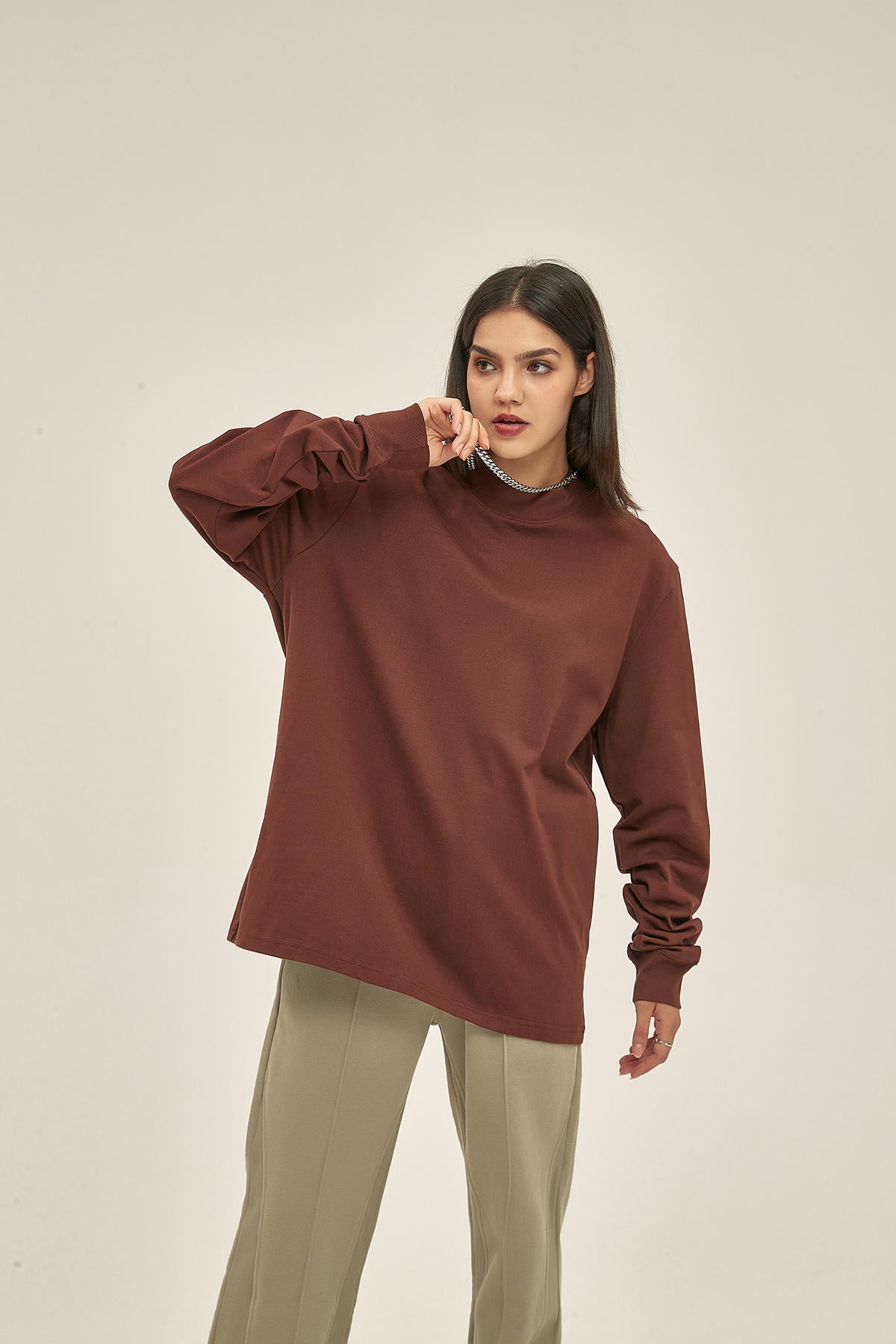 345G High Neckline Women Long Sleeve T-Shirt