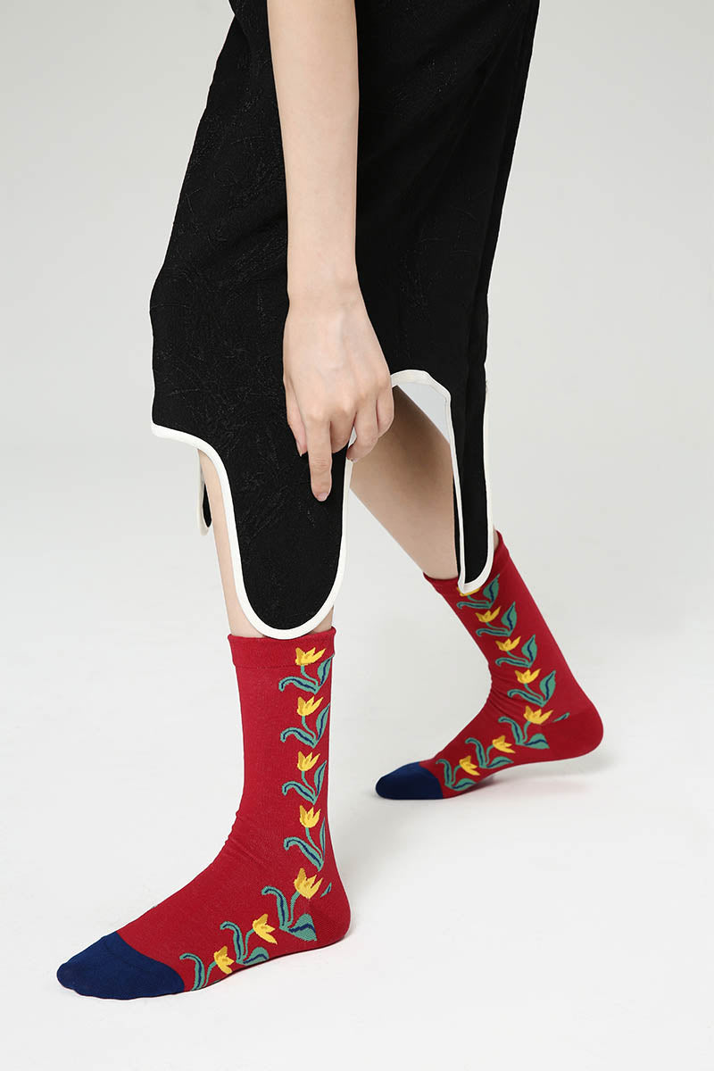 Red Botanical Print Women Socks