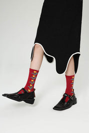 Red Botanical Print Women Socks