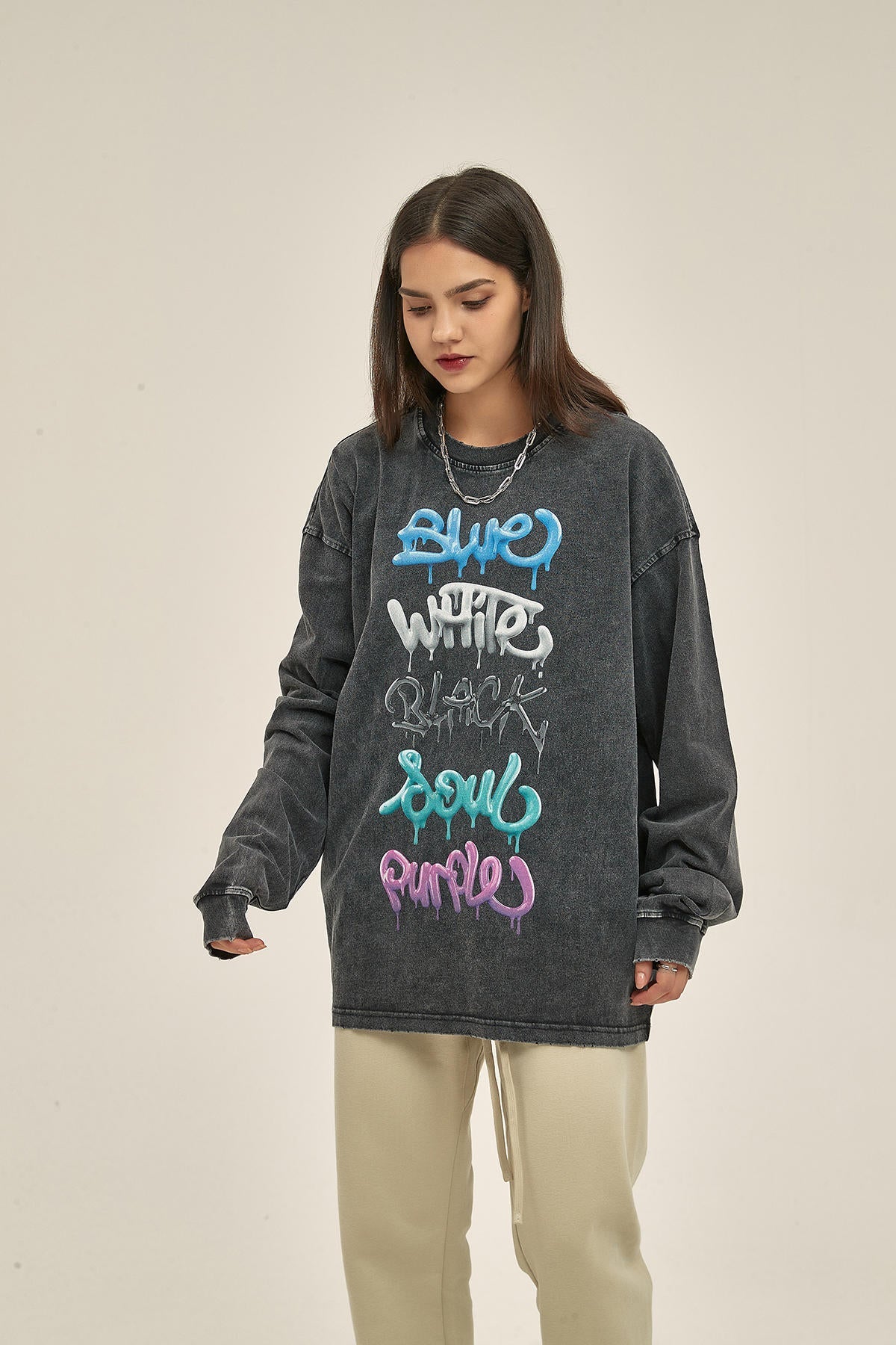 250G Washed Letter Print Women Long-Sleeved Sweatshirt