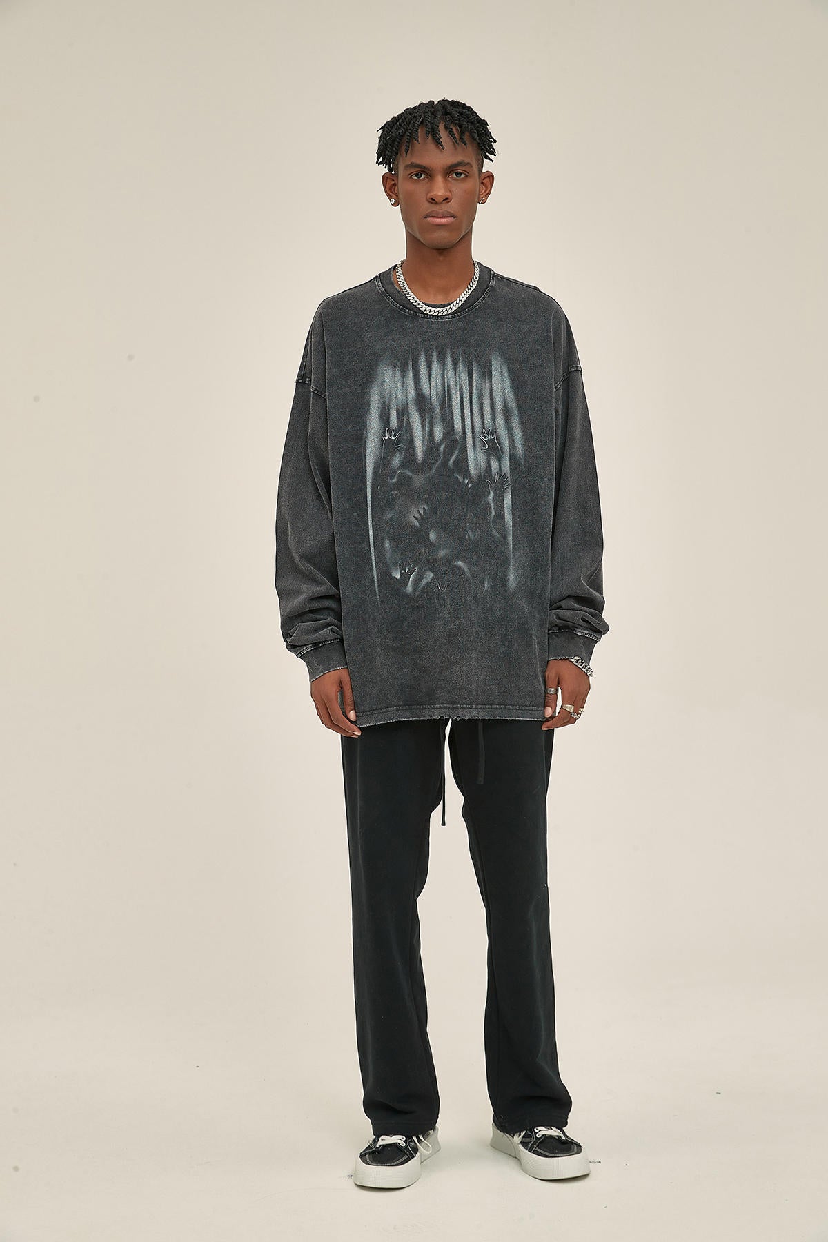 250G Washed Silhouette Print Men Long-Sleeved Sweatshirt