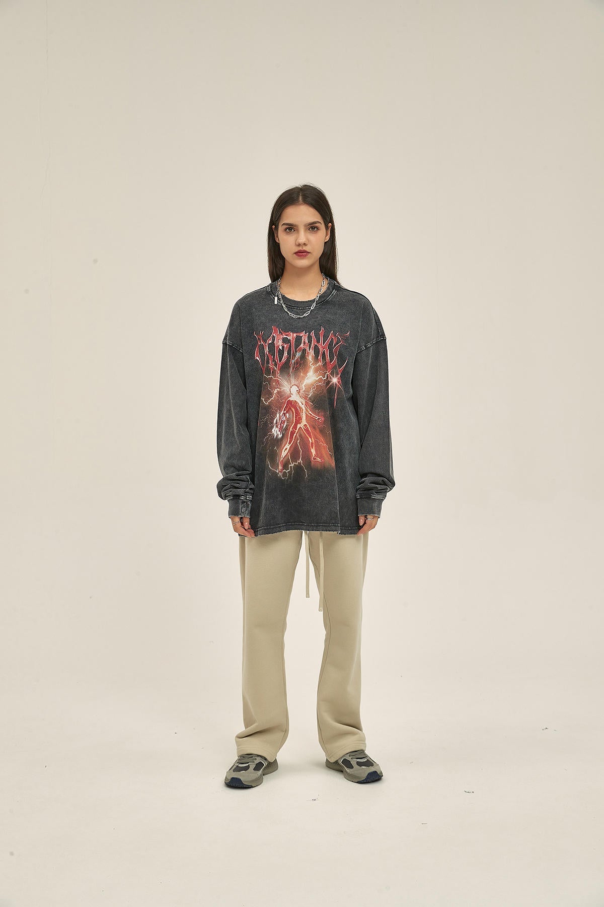 250G Washed Lightning Print Women Long Sleeve Sweatshirt